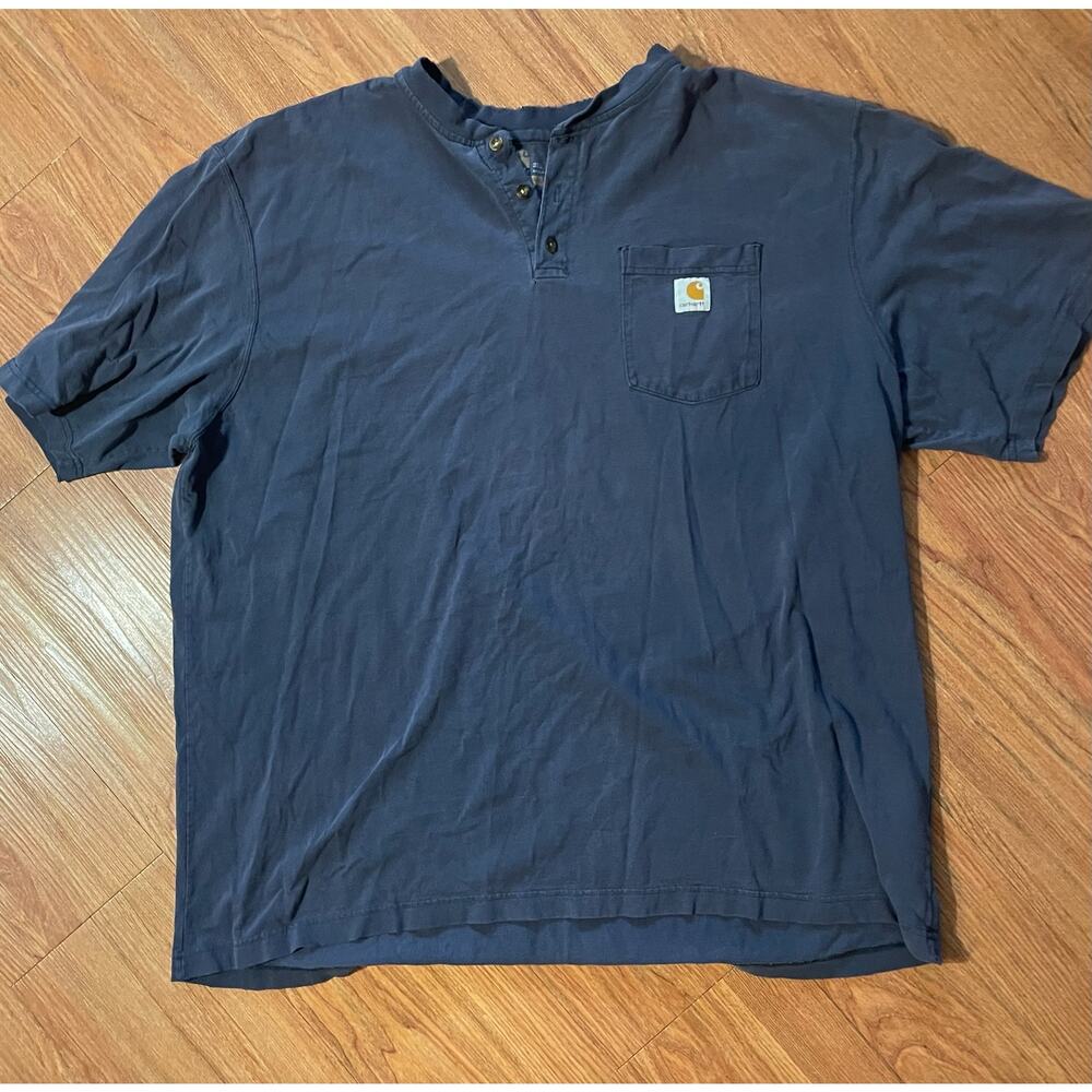 Men’s Carhartt Button Henley Tee 2XL Blue Faded Thrashed Grunge Workwear Utility